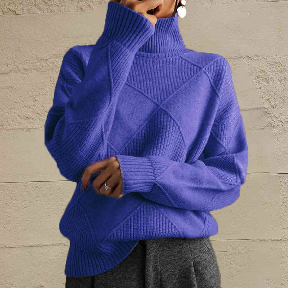 Geometric Turtleneck Long Sleeve Sweater BLUE ZONE PLANET