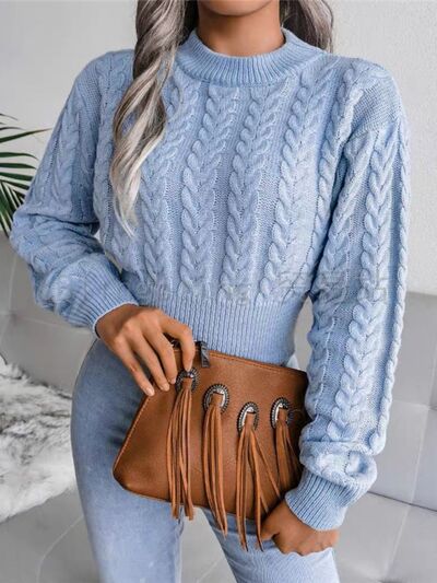 Cable-Knit Round Neck Cropped Sweater-TOPS / DRESSES-[Adult]-[Female]-Misty Blue-S-2022 Online Blue Zone Planet