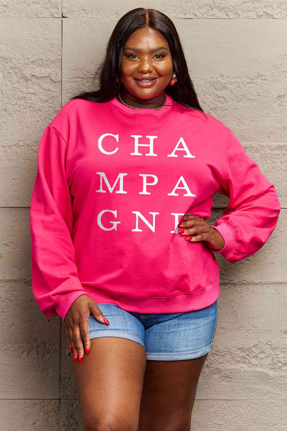 Simply Love Full Size CHAMPAGNE Graphic Long Sleeve Sweatshirt BLUE ZONE PLANET