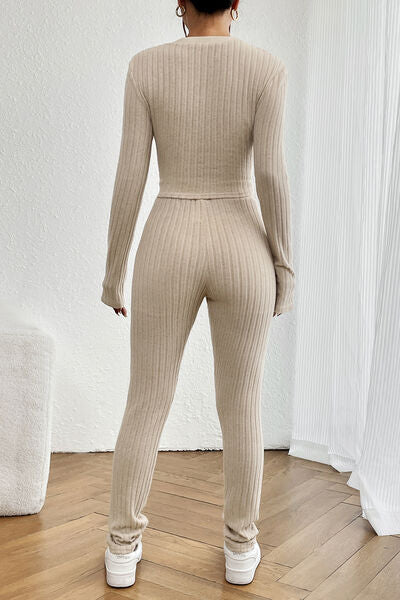 Ribbed V-Neck Long Sleeve Cropped Top and Pants Set Trendsi