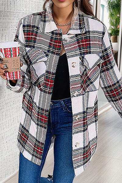 Plaid Pocketed Button Up Jacket-TOPS / DRESSES-[Adult]-[Female]-White-S-2022 Online Blue Zone Planet