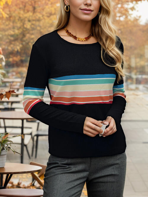 Striped Round Neck Long Sleeve T-Shirt BLUE ZONE PLANET