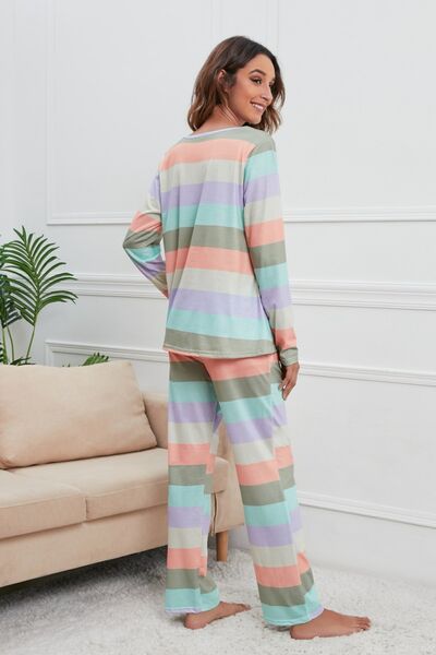 Blue Zone Planet |  Striped Round Neck Long Sleeve Top and Drawstring Pants Lounge Set BLUE ZONE PLANET