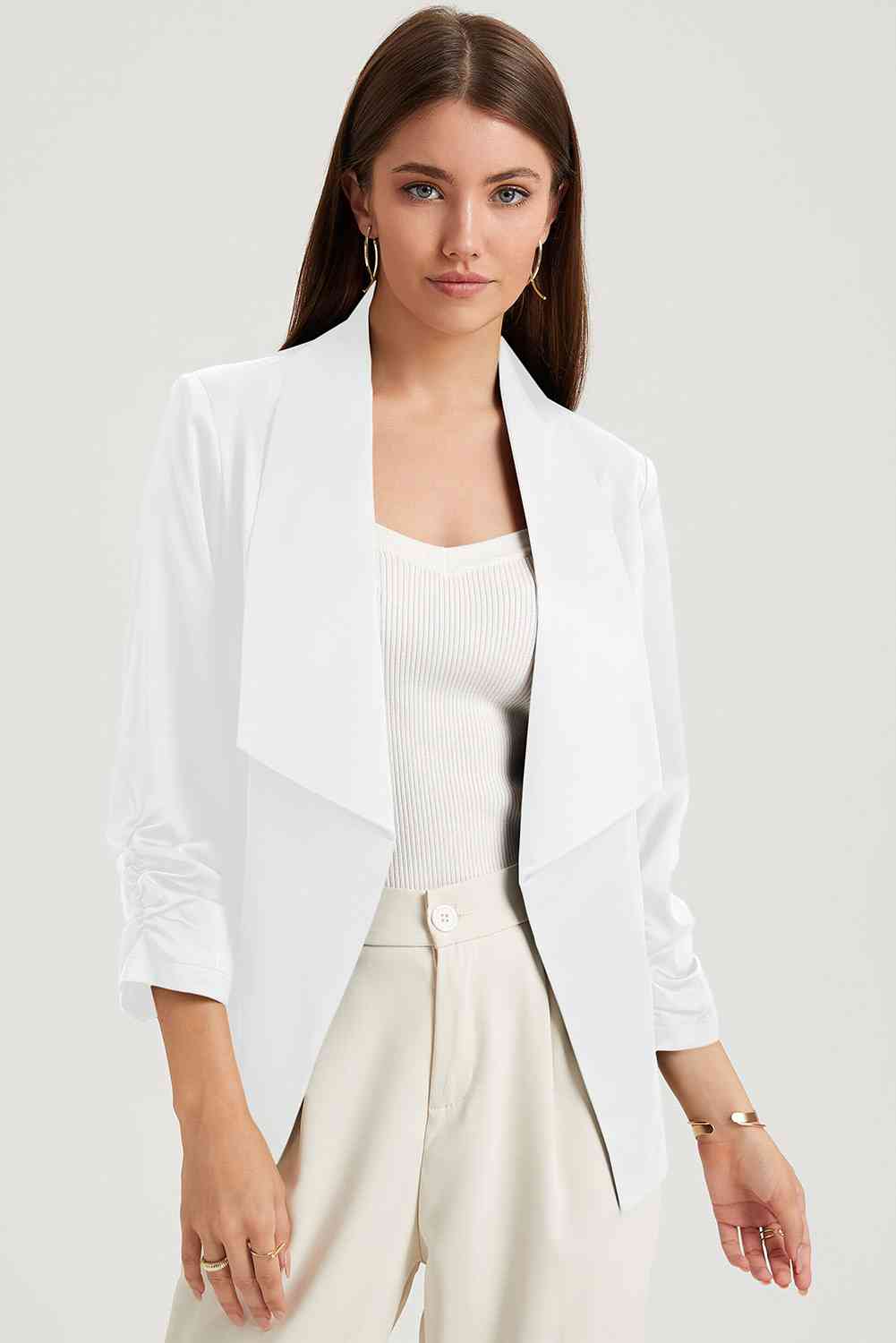 Ruched Open Front Blazer BLUE ZONE PLANET