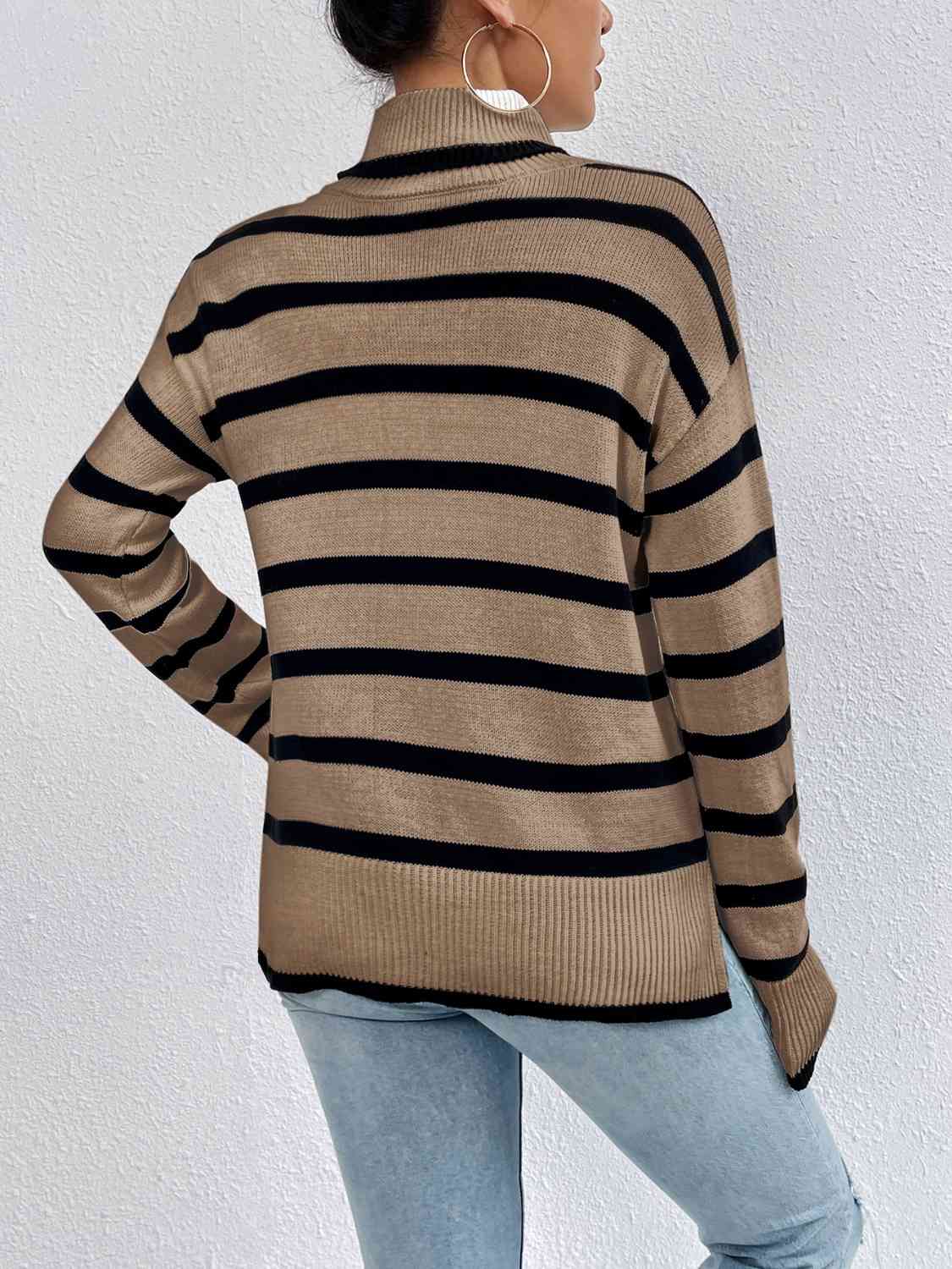 Striped Turtleneck Drop Shoulder Sweater BLUE ZONE PLANET