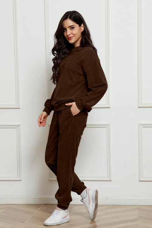 Round Neck Sweatshirt and Sweatpants Set BLUE ZONE PLANET