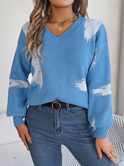 Contrast V-Neck Long Sleeve Sweater BLUE ZONE PLANET