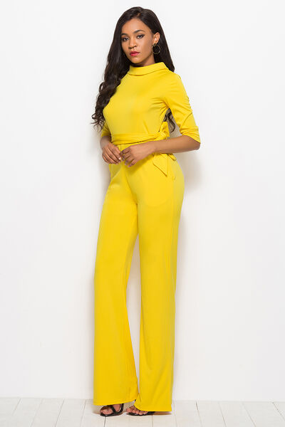 Mock Neck Tie-Waist Half Sleeve Jumpsuit Trendsi