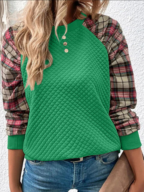 Plaid Round Neck Sweatshirt BLUE ZONE PLANET