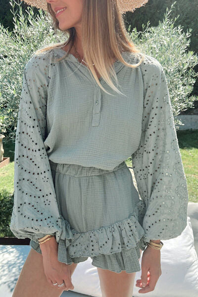 Eyelet Half Button Top and Shorts Set Trendsi