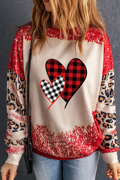 Heart Leopard Round Neck Sweatshirt BLUE ZONE PLANET