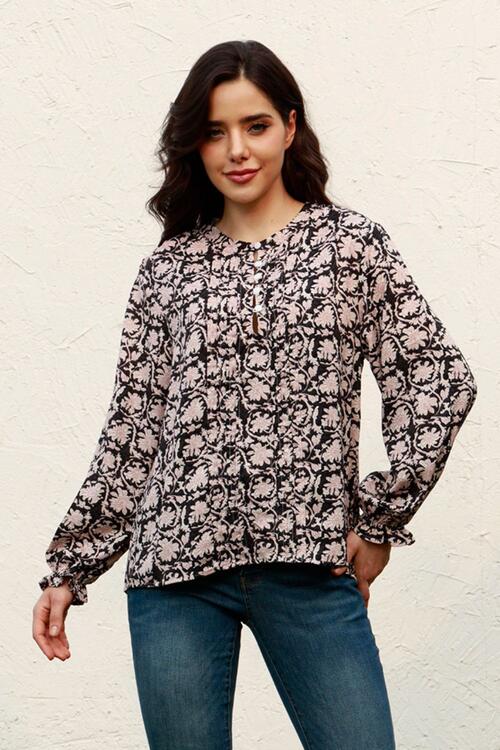 Floral Flounce Sleeve Round Neck Blouse BLUE ZONE PLANET