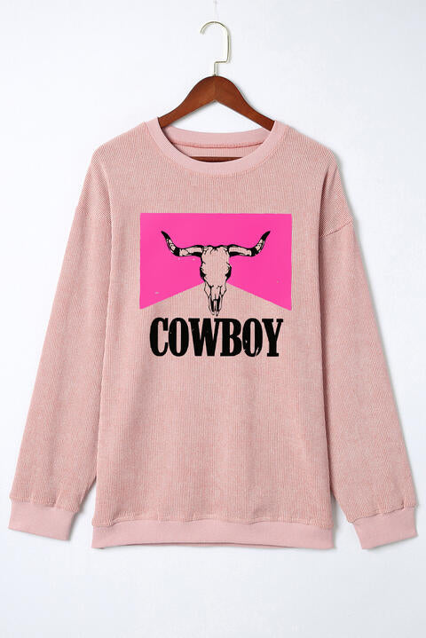 Blue Zone Planet | COWBOY Graphic Round Neck Sweatshirt-TOPS / DRESSES-[Adult]-[Female]-2022 Online Blue Zone Planet