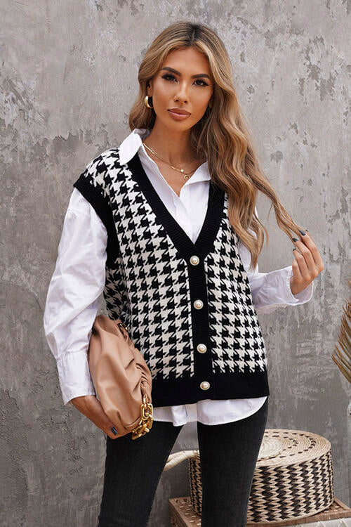 Houndstooth Button Front Sweater Vest BLUE ZONE PLANET