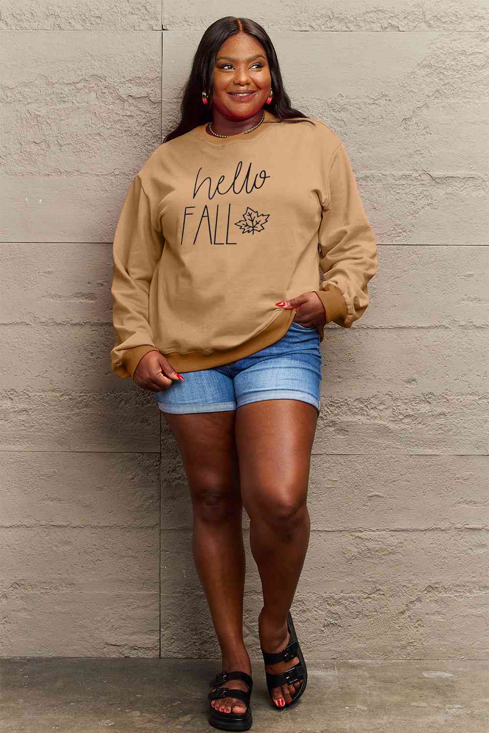 Simply Love Full Size HELLO FALL Graphic Sweatshirt BLUE ZONE PLANET