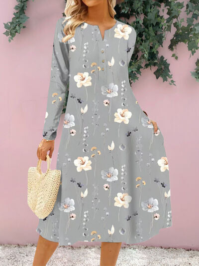 Floral Notched Long Sleeve Midi Dress BLUE ZONE PLANET