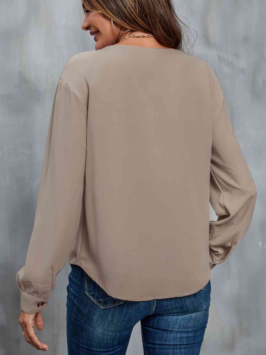 Asymmetrical Neck Buttoned Long Sleeve Top BLUE ZONE PLANET