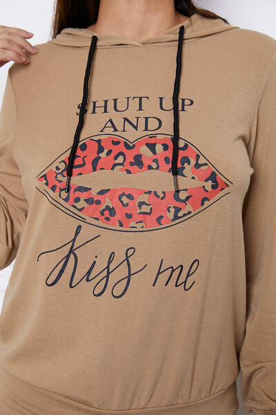 Blue Zone Planet |  SHUT UP AND KISS ME Lip Graphic Hooded Top and Drawstring Pants Set BLUE ZONE PLANET