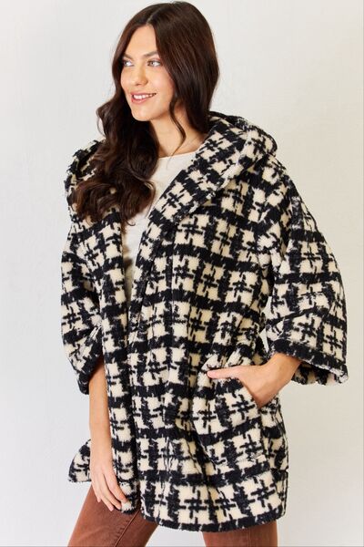 J.NNA Fuzzy Plaid Waist Tie Hooded Robe Cardigan-TOPS / DRESSES-[Adult]-[Female]-2022 Online Blue Zone Planet