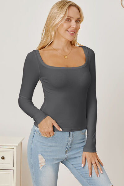 Square Neck Long Sleeve T-Shirt Trendsi