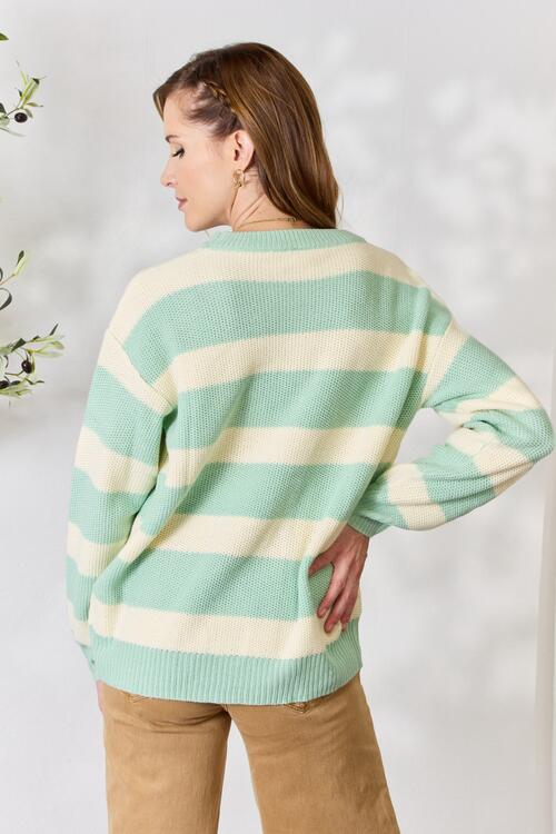 Sew In Love Full Size Contrast Striped Round Neck Sweater BLUE ZONE PLANET