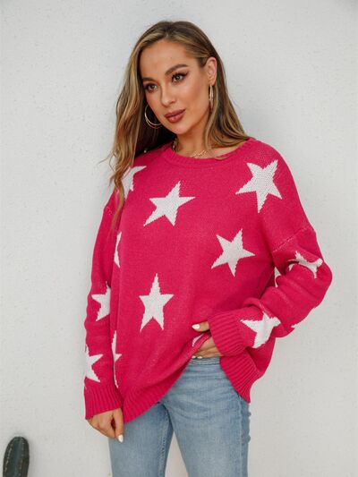 Star Round Neck Dropped Shoulder Sweater BLUE ZONE PLANET