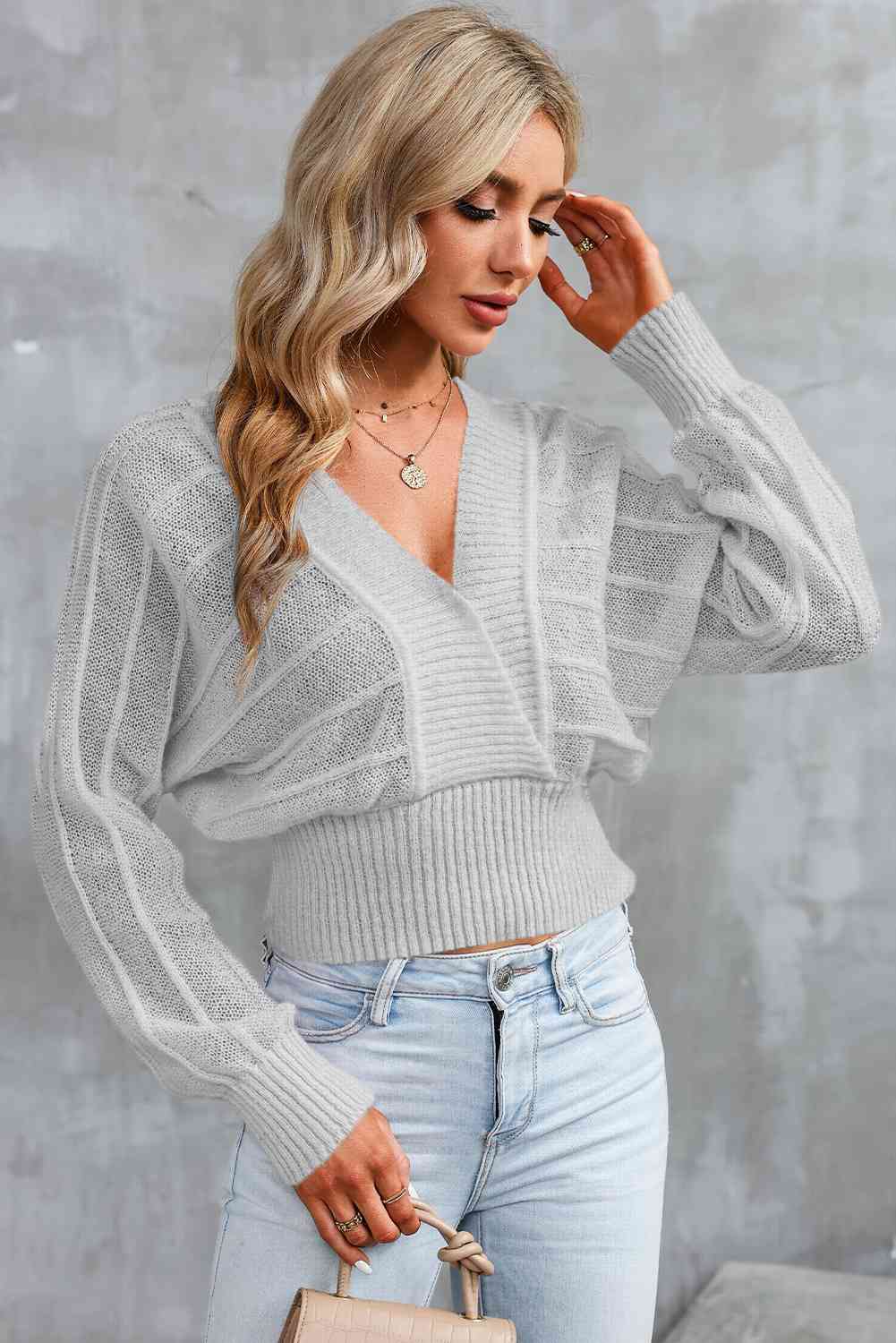 Surplice Neck Lace-Up Sweater BLUE ZONE PLANET