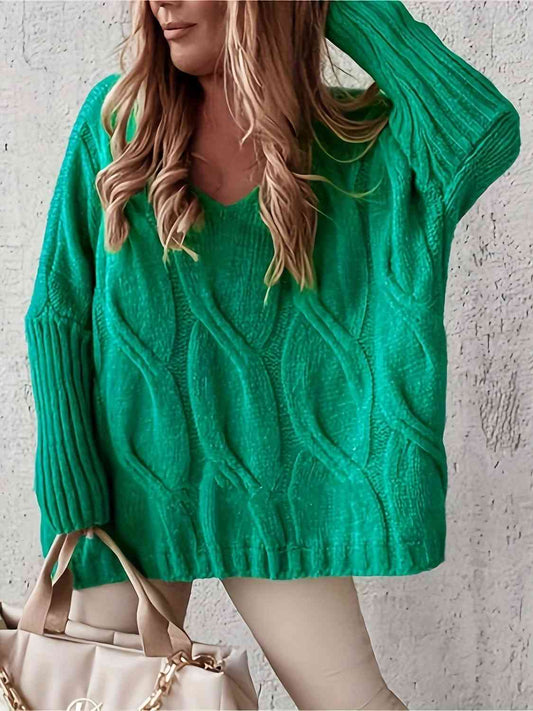 Plus Size Cabble Knit Long Sleeve Sweater-TOPS / DRESSES-[Adult]-[Female]-Green-1XL-2022 Online Blue Zone Planet