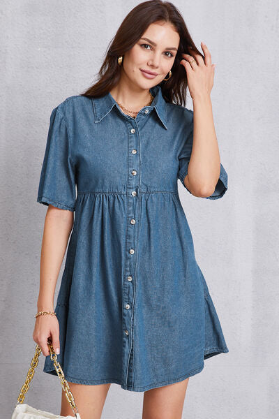 Button Up Collared Neck Tiered Denim Dress-TOPS / DRESSES-[Adult]-[Female]-Medium-S-2022 Online Blue Zone Planet