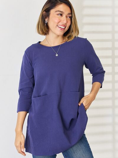 Pocketed Round Neck Half Sleeve Blouse BLUE ZONE PLANET