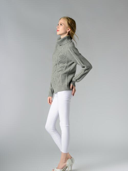 Cable-Knit Turtleneck Long Sleeve Sweater BLUE ZONE PLANET