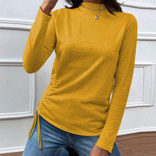 Drawstring Mock Neck Long Sleeve T-Shirt BLUE ZONE PLANET