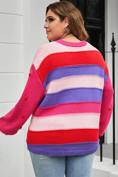 Plus Size Color Block Pom-Pom Trim Sweater BLUE ZONE PLANET