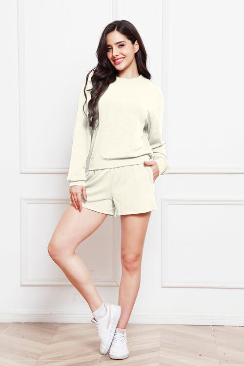 Round Neck Long Sleeve Top and Shorts Set BLUE ZONE PLANET