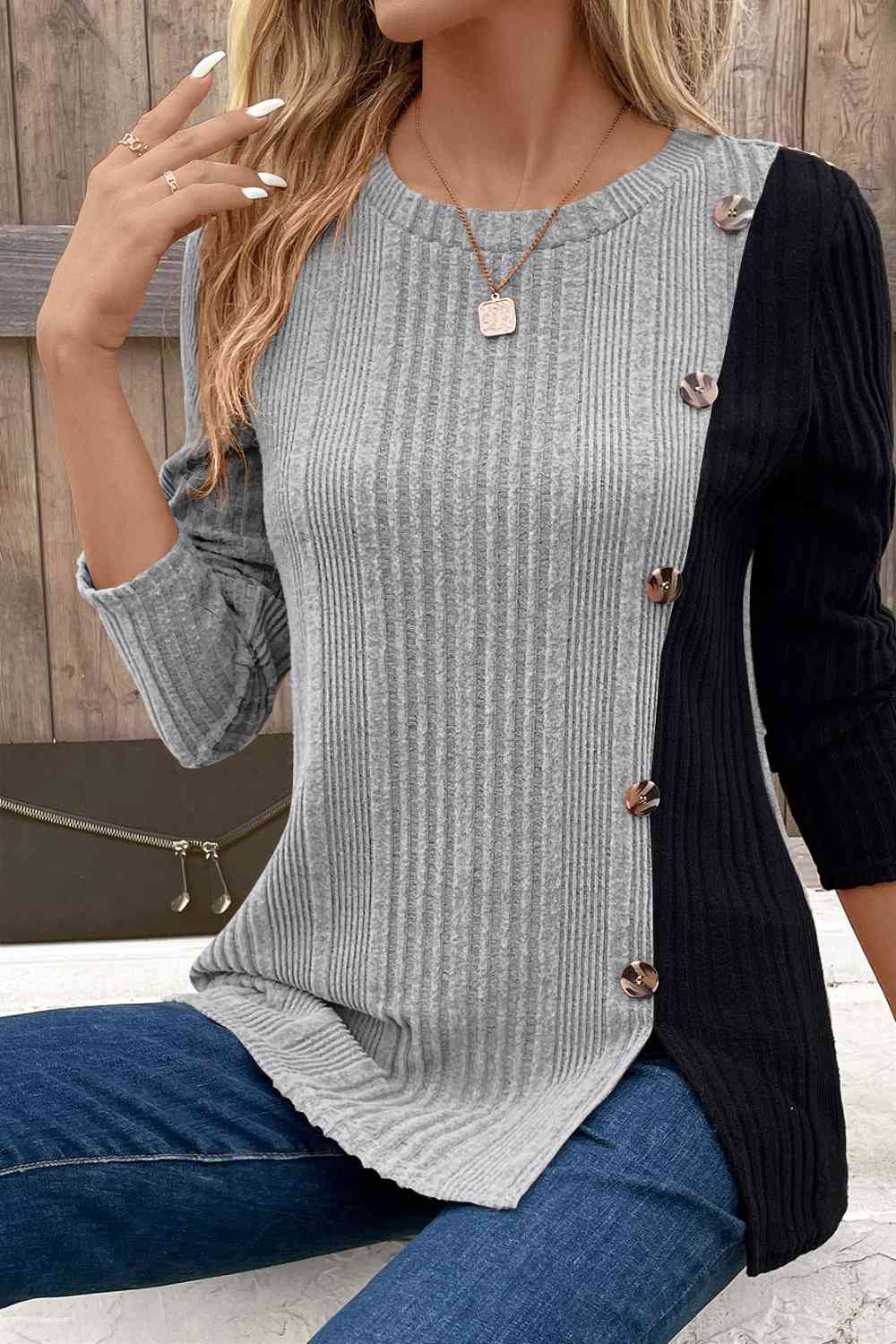 Contrast Long Sleeve Knit Top BLUE ZONE PLANET