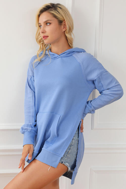 Exposed Seam Long Sleeve Slit Hoodie with Pocket BLUE ZONE PLANET