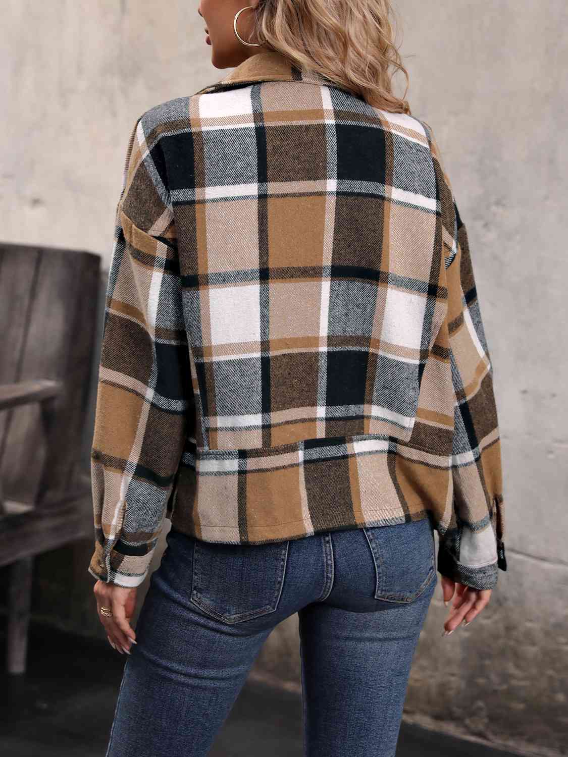 Plaid Collared Neck Long Sleeve Jacket BLUE ZONE PLANET