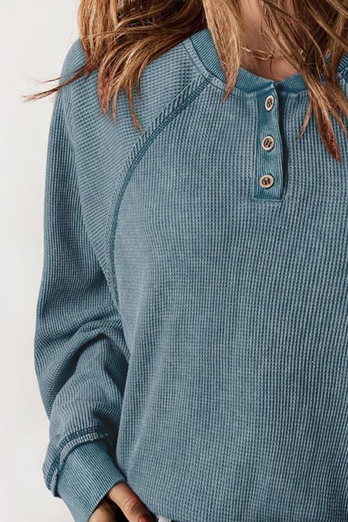 Waffle Knit Raglan Sleeve Henley Sweatshirt BLUE ZONE PLANET