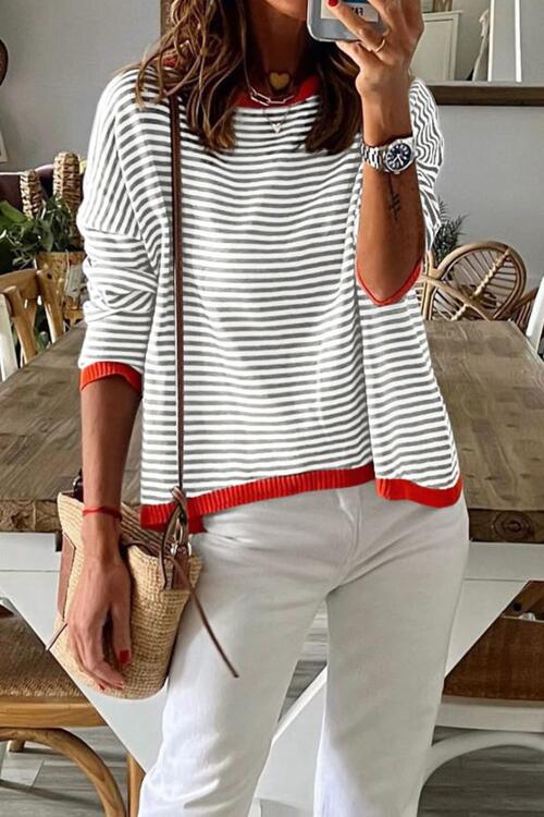 Striped Round Neck Drop Shoulder T-Shirt BLUE ZONE PLANET