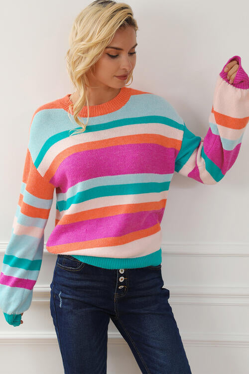 Striped Round Neck Long Sleeve Knit Top BLUE ZONE PLANET