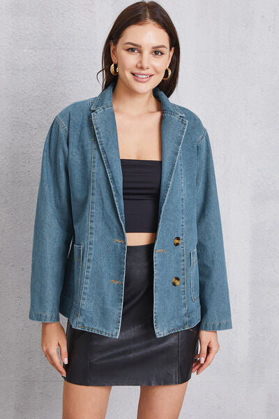 Pocketed Button Up Denim Jacket Trendsi