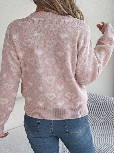 Heart Pattern V-Neck Long Sleeve Sweater BLUE ZONE PLANET