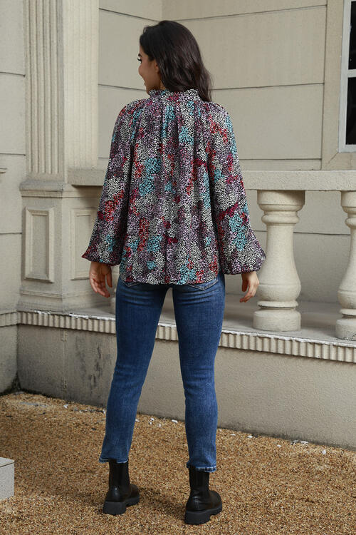 Tie Neck Heathered Balloon Sleeve Blouse BLUE ZONE PLANET