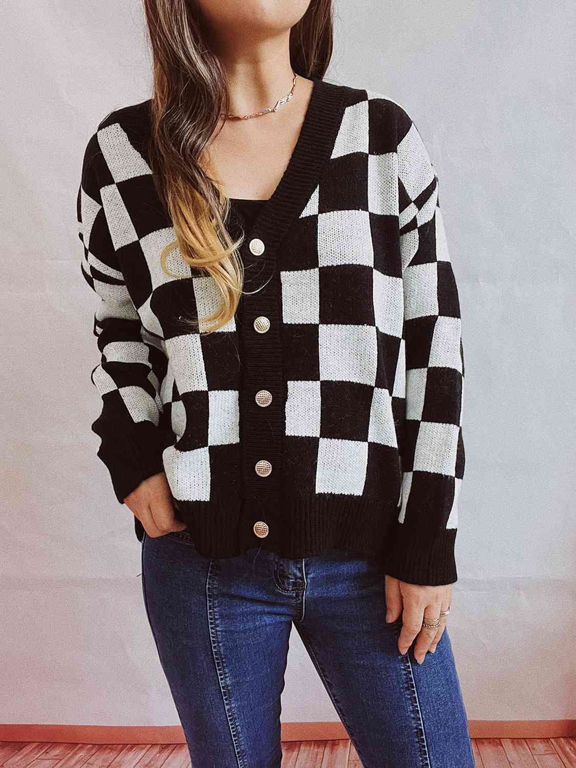 Checkered Open Front Button Up Cardigan BLUE ZONE PLANET