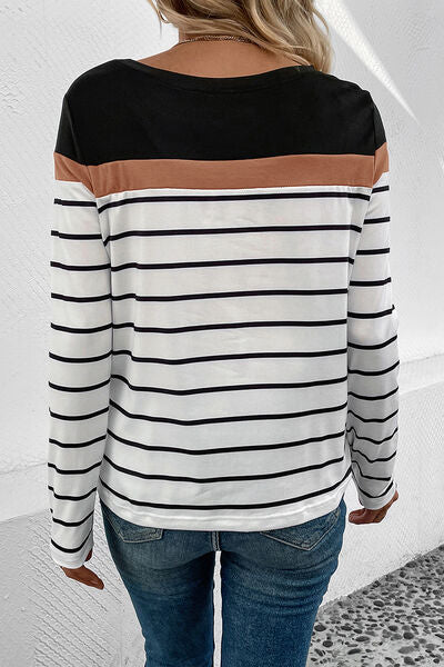 Blue Zone Planet |  Striped Round Neck Long Sleeve T-Shirt BLUE ZONE PLANET