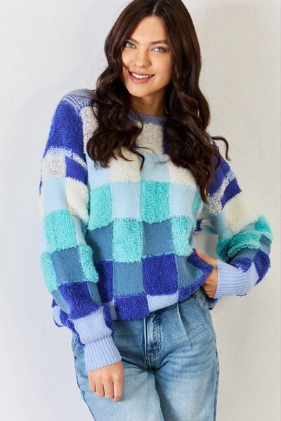 Blue Zone Planet |  J.NNA Checkered Round Neck Long Sleeve Sweater BLUE ZONE PLANET