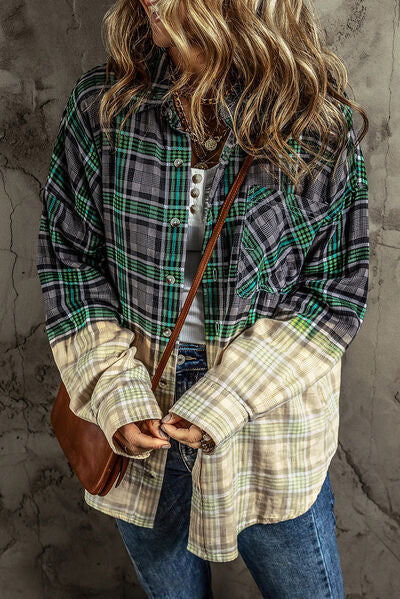 Contrast Plaid Button Up Long Sleeve Shacket BLUE ZONE PLANET