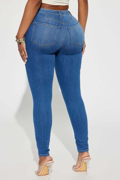 Distressed Buttoned Jeans with Pockets BLUE ZONE PLANET