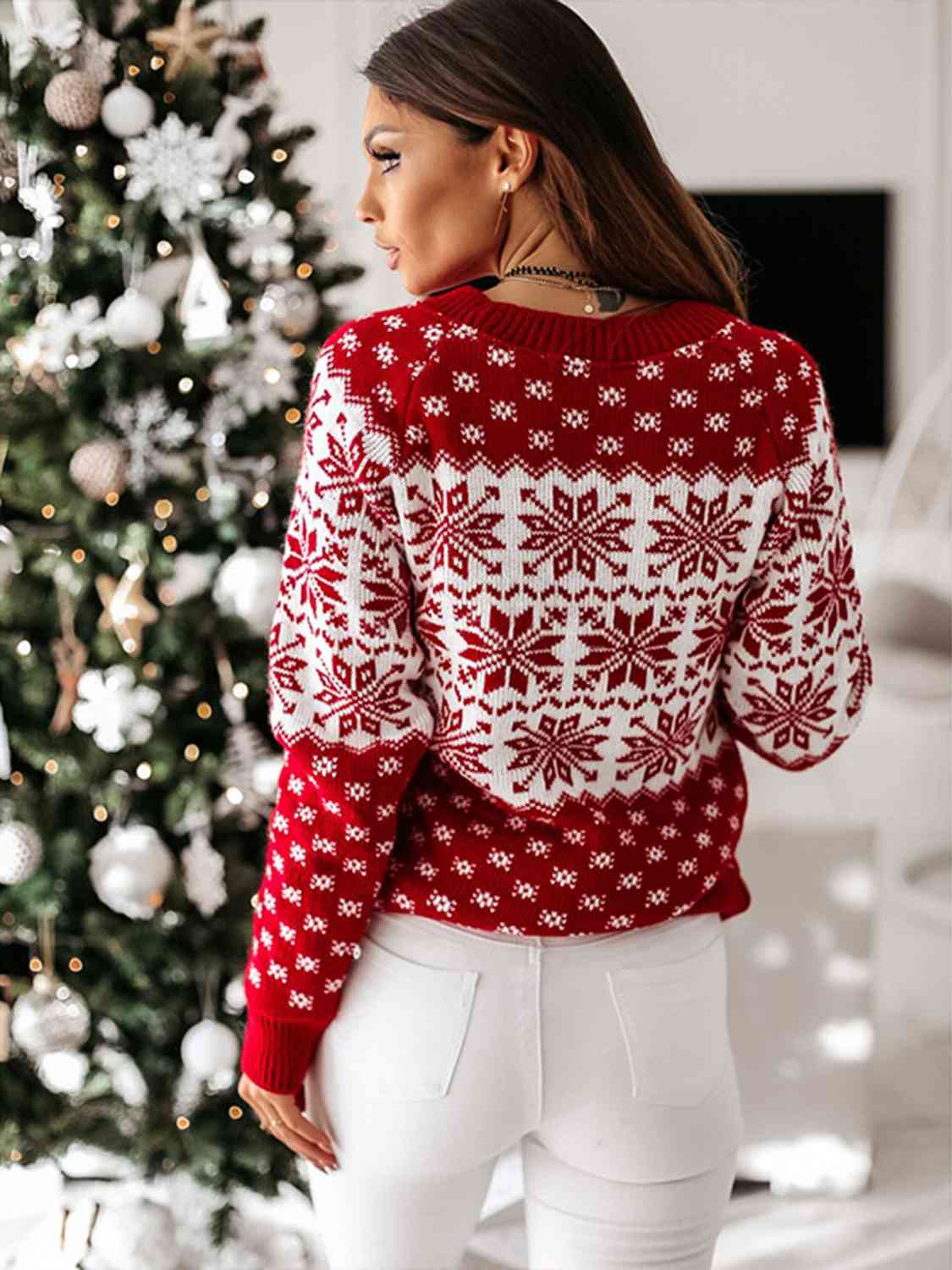 Snowflake Round Neck Long Sleeve Sweater BLUE ZONE PLANET