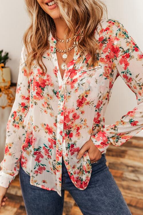 Floral Button Up Long Sleeve Shirt BLUE ZONE PLANET